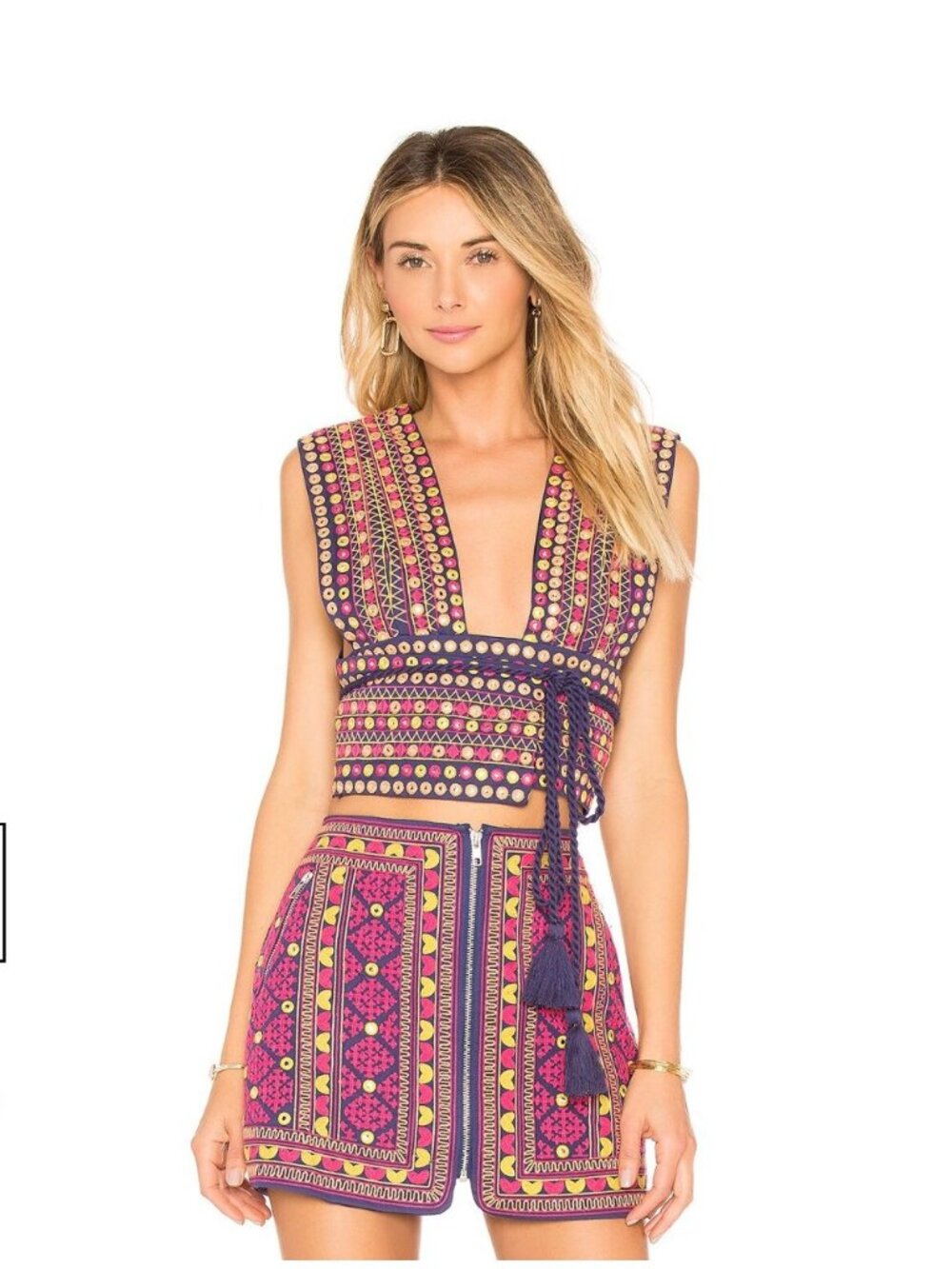 Majorelle Breanna Embroidered Cotton Top Sunset Mirrorwork & Tassels Sunset